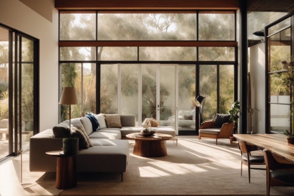 San Diego home with frosted window film, natural light filtering through, furniture visible, serene atmosphere