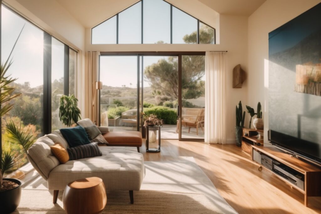 Sunny San Diego home interior with UV window films, comfortable furniture, and vibrant landscapes visible outside