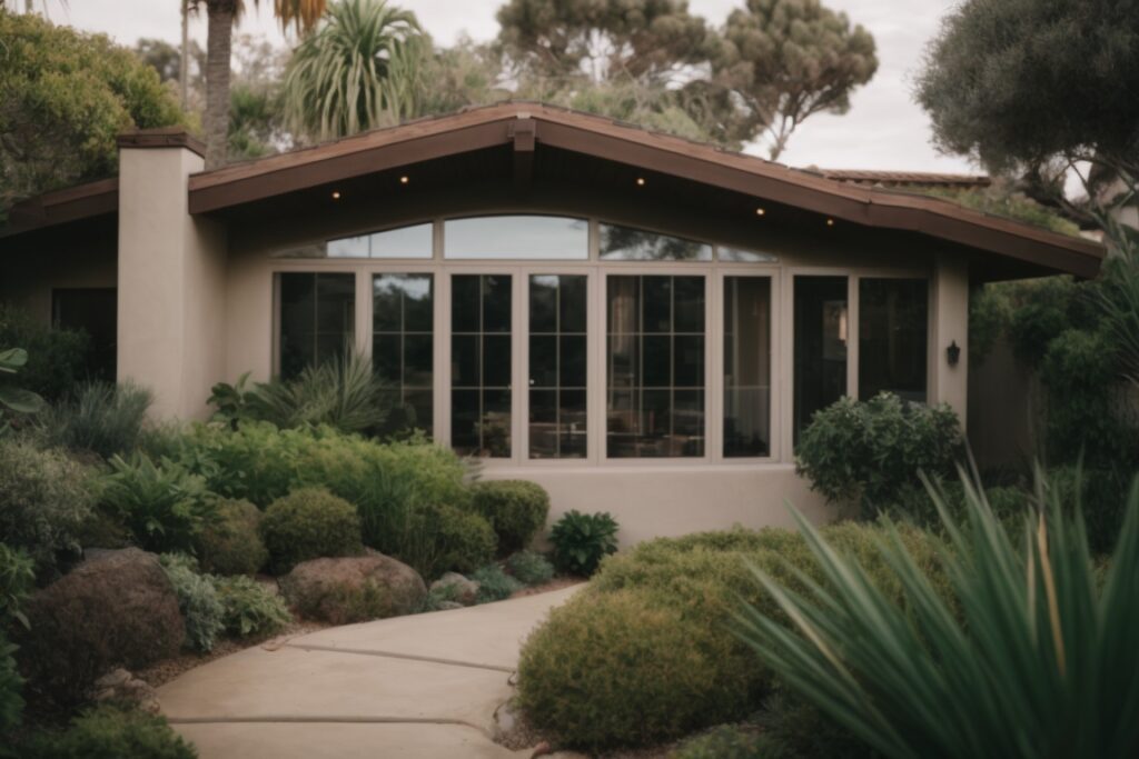San Diego home with tinted windows, lush greenery