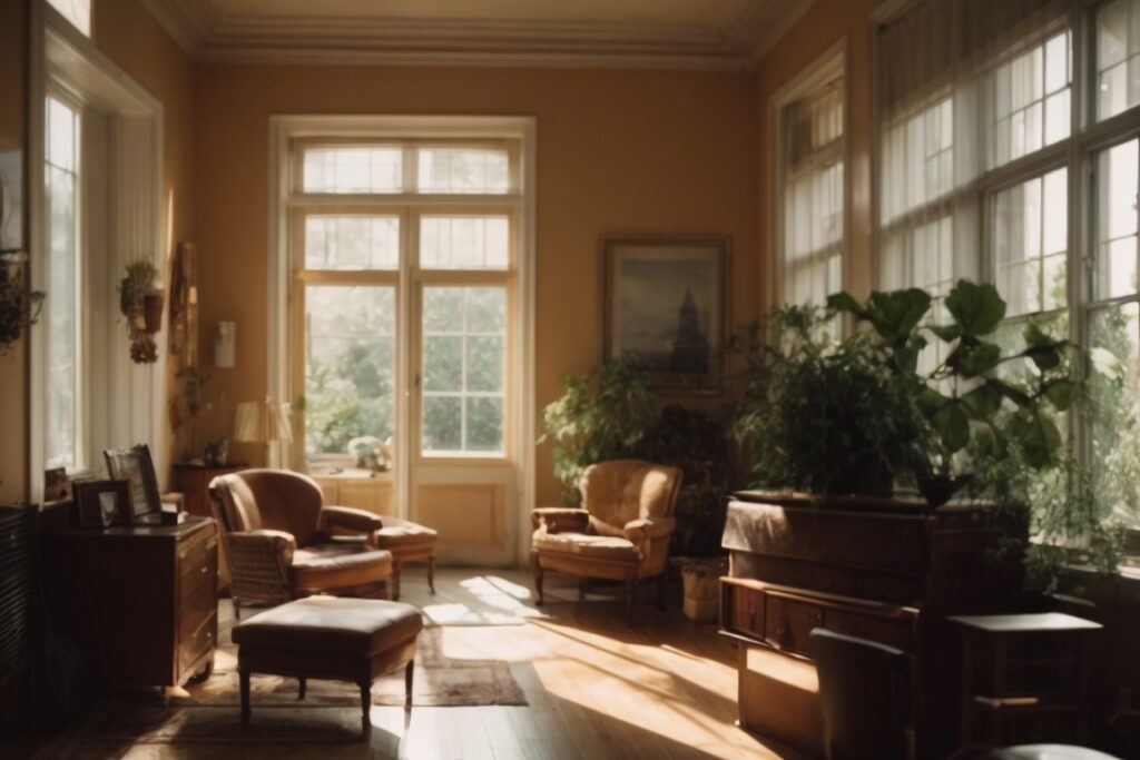 interior home scene with faded furniture and visible sunlight through windows