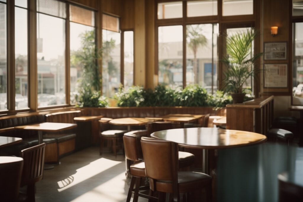 Sunny San Diego café interior with large untreated windows and faded furnishings