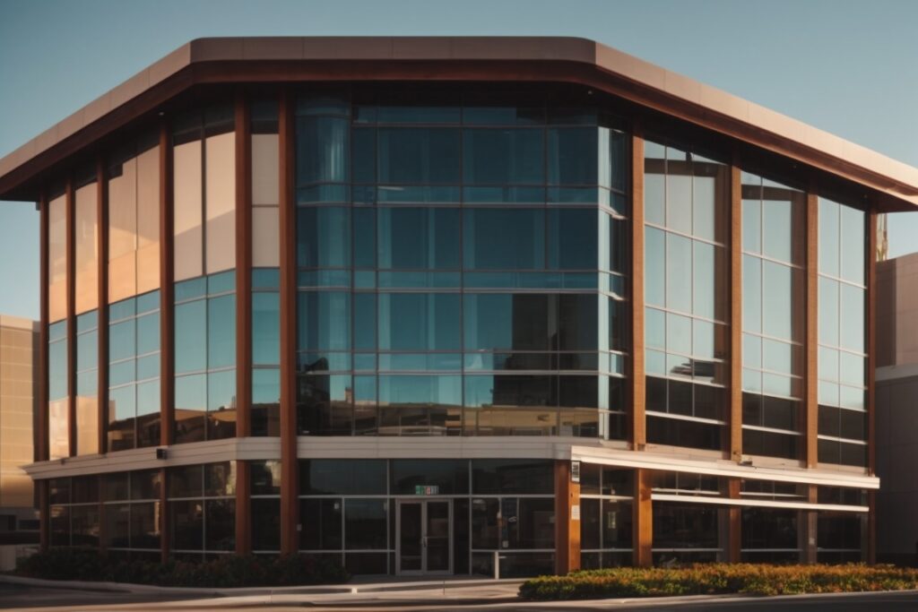 commercial building in San Diego with tinted windows and visible sun reflection