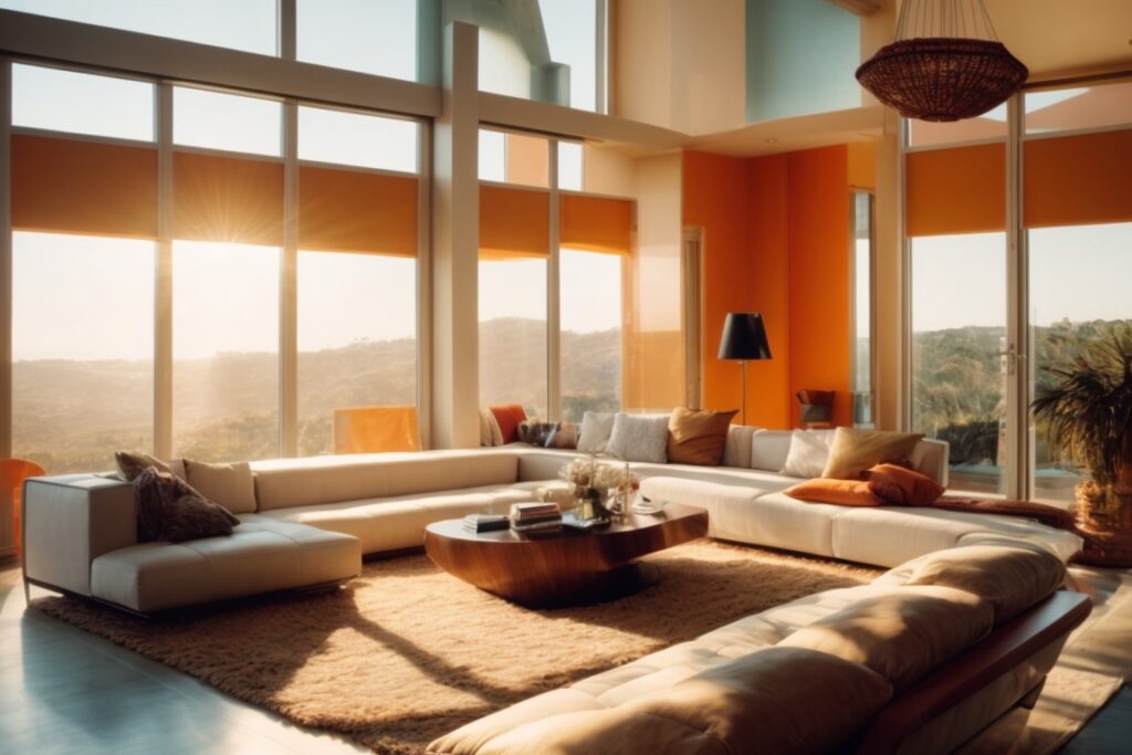 Sunlit living room with opaque windows and UV film, protecting vibrant furnishings and artwork