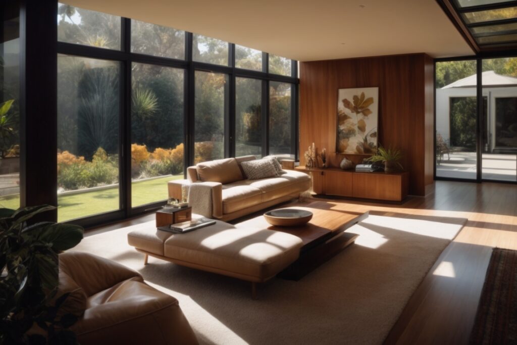 Modern living room with solar control window film in San Diego house