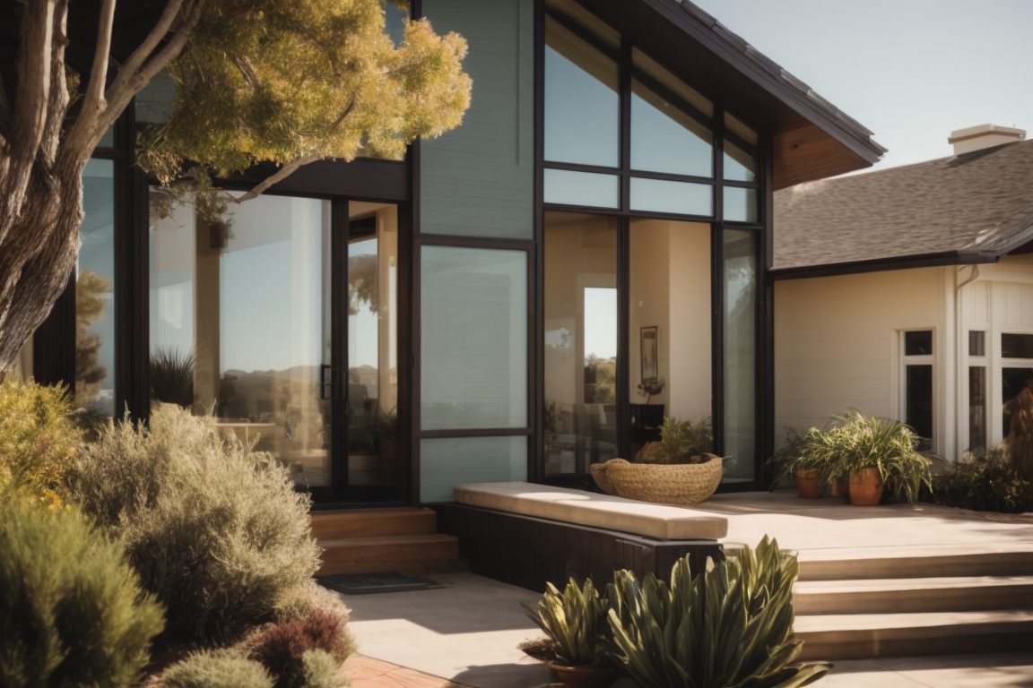 San Diego home with decorative window film, sunny exterior