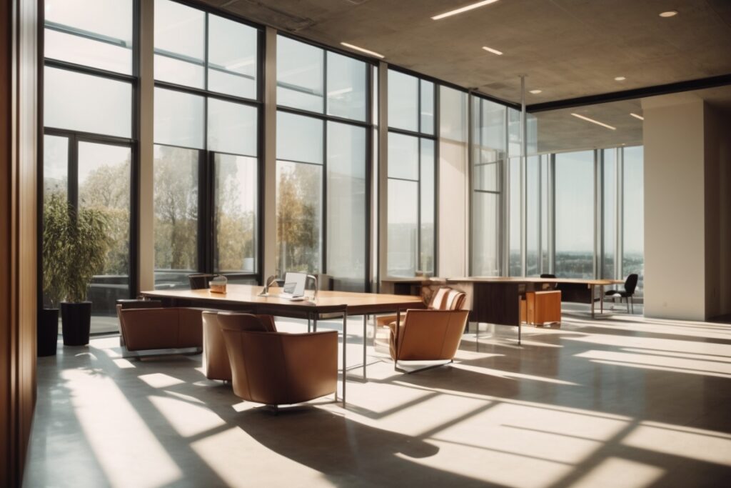 modern office with opaque privacy window films and sunlit interior