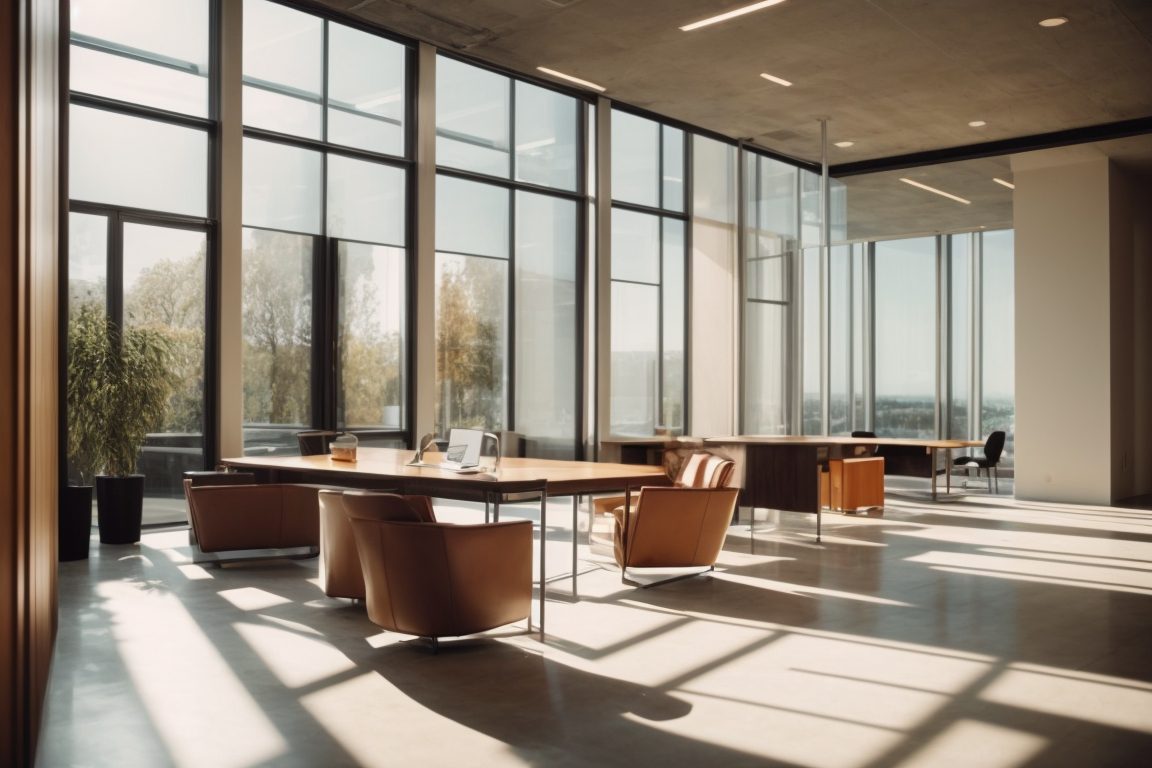 modern office with opaque privacy window films and sunlit interior