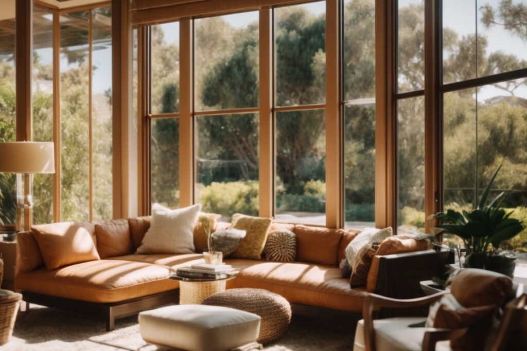 San Diego home interior with thermal window films on windows, sunny day outside