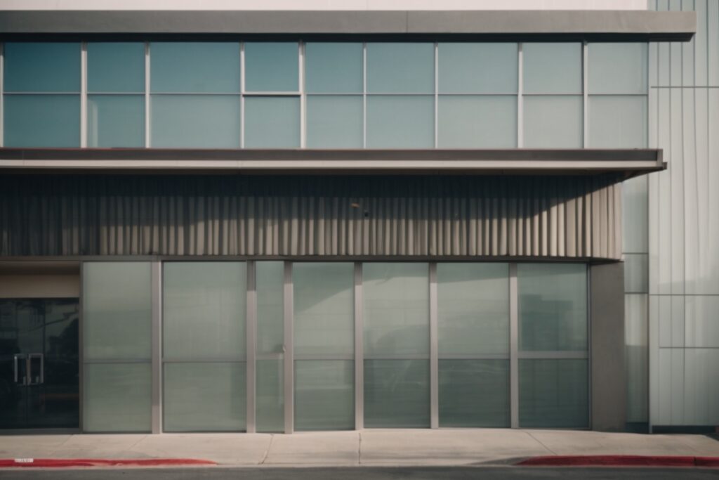 exterior of commercial building in San Diego with broken windows and security window film