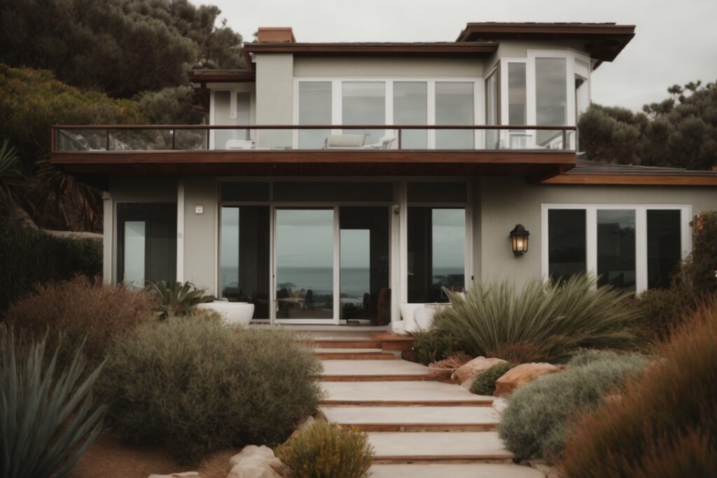 coastal home in San Diego with broken windows and security films
