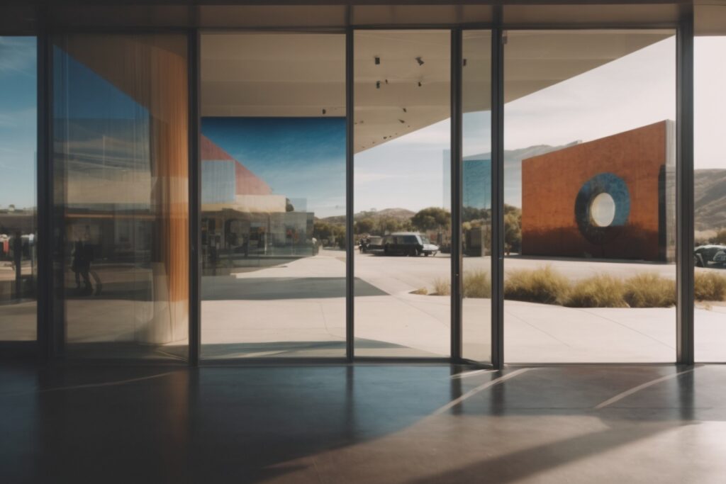 Art gallery in San Diego with tinted windows protecting artwork