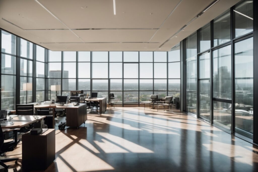 Modern office interior with large windows using energy-efficient window films, reducing sunlight glare and heat in San Diego