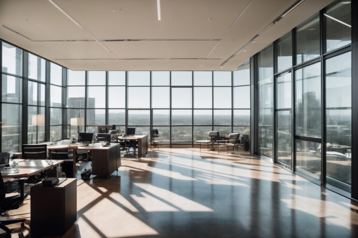 Modern office interior with large windows using energy-efficient window films, reducing sunlight glare and heat in San Diego