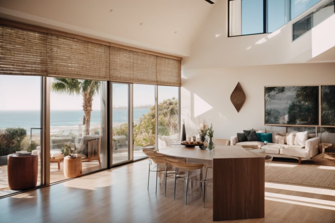 Modern coastal home in San Diego with decorative window film providing privacy and soft natural lighting