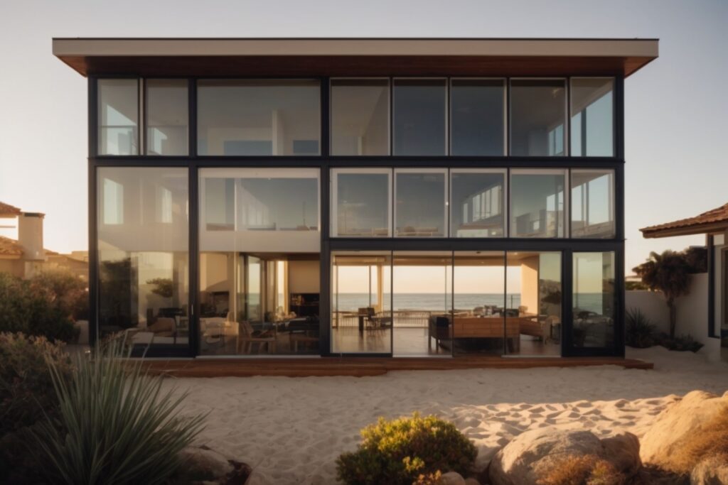 San Diego coastal home with opaque window films, sunlit beach background