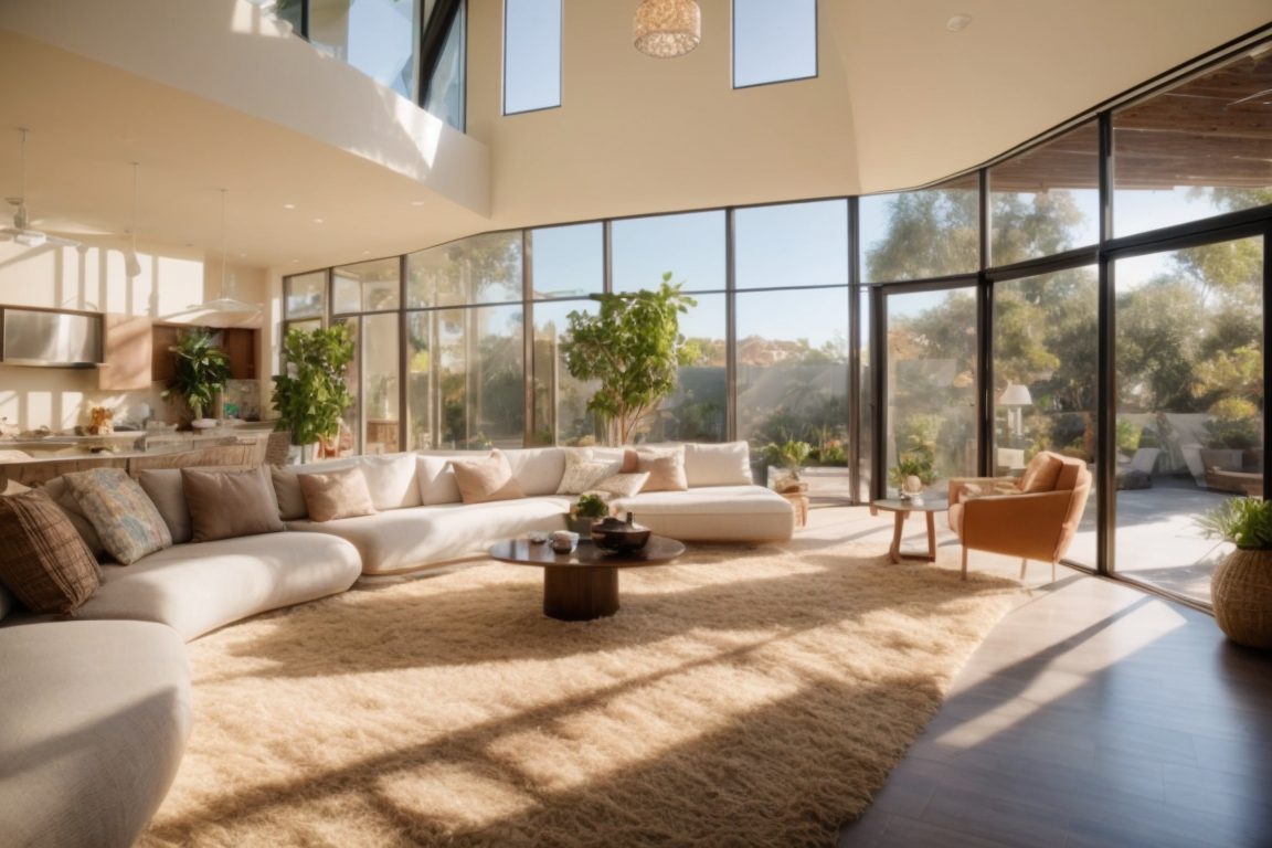 Interior of a sunny San Diego home showing UV ray protection from installed solar control window film, faded furniture visible